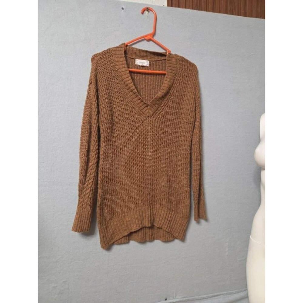 Pink Rose Women's Brown V-Neck Cable Knit Sweater
